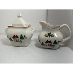 Jamestown China The Joy of Christmas Sugar Bowl with Lid & Creamer Set Vintage